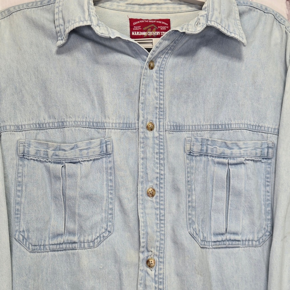 Vintage Marlboro Country Denim Shirt Light Wash Western Workwear Mens Large L - Picture 2 of 13